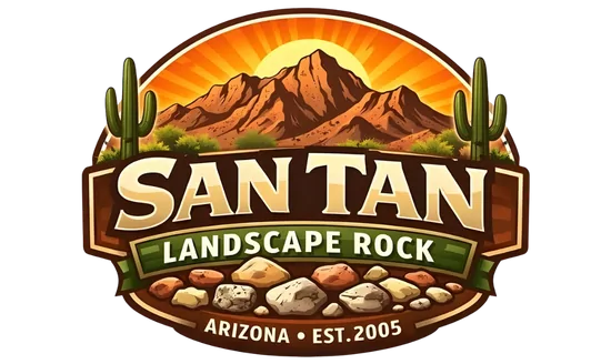 San Tan Landscape Rock logo with Arizona desert mountains, cacti, and stones - established 2005.