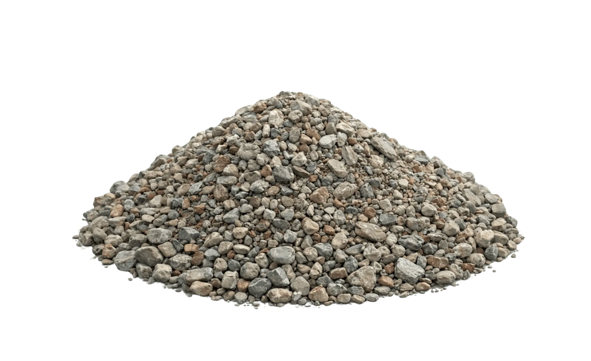 Pile of crushed stone gravel aggregate for construction and landscaping, isolated on white.