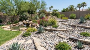 Southwest desert xeriscape backyard with rock garden, agave, pebble path and waterfall pond