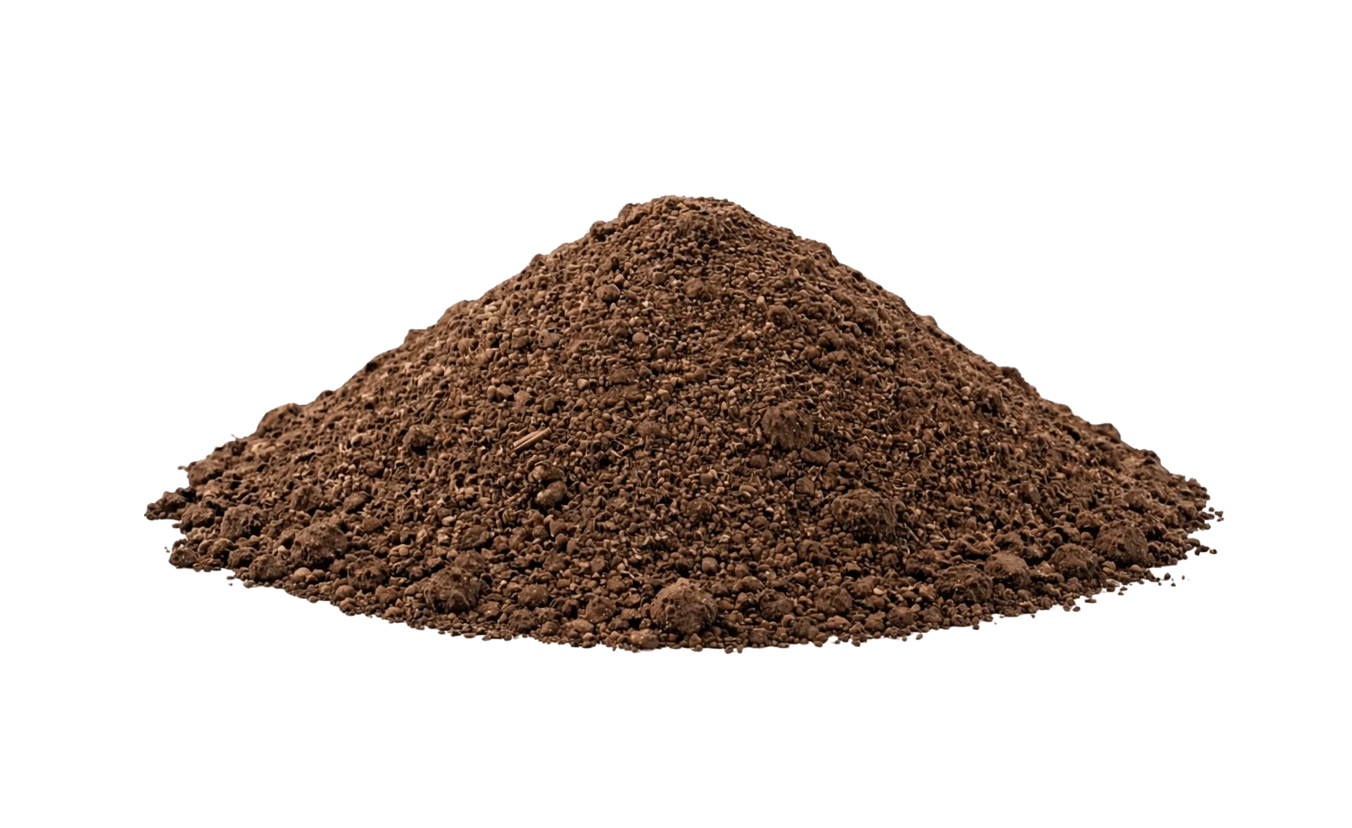Bulk brown topsoil pile for gardening, landscaping, and lawn care, isolated on white background.