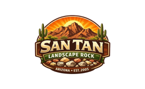 San Tan Landscape Rock logo with Arizona desert mountains, cacti, and stones, established 2005