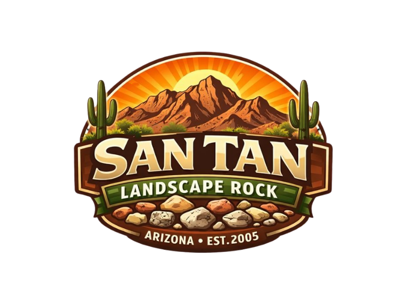San Tan Landscape Rock logo with Arizona desert mountains, cacti, and stones, established 2005