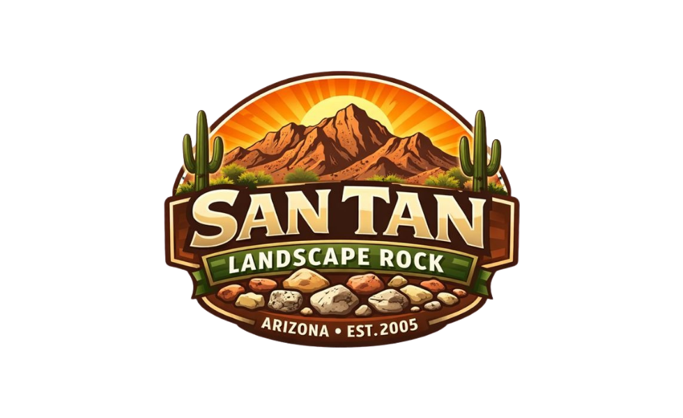 San Tan Landscape Rock logo with Arizona desert mountains, cacti, and stones, established 2005
