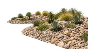 Xeriscape rock garden with agave, yucca, ornamental grasses and river rocks for drought-tolerant landscaping