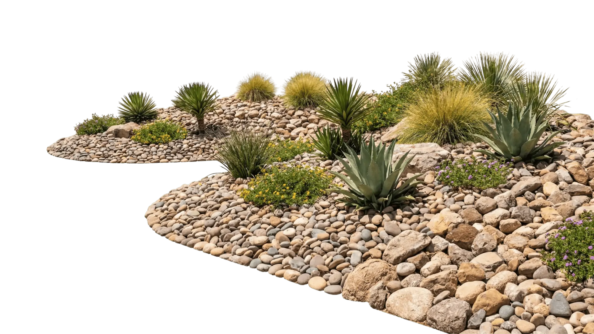 Xeriscape rock garden with agave, yucca, ornamental grasses and river rocks for drought-tolerant landscaping