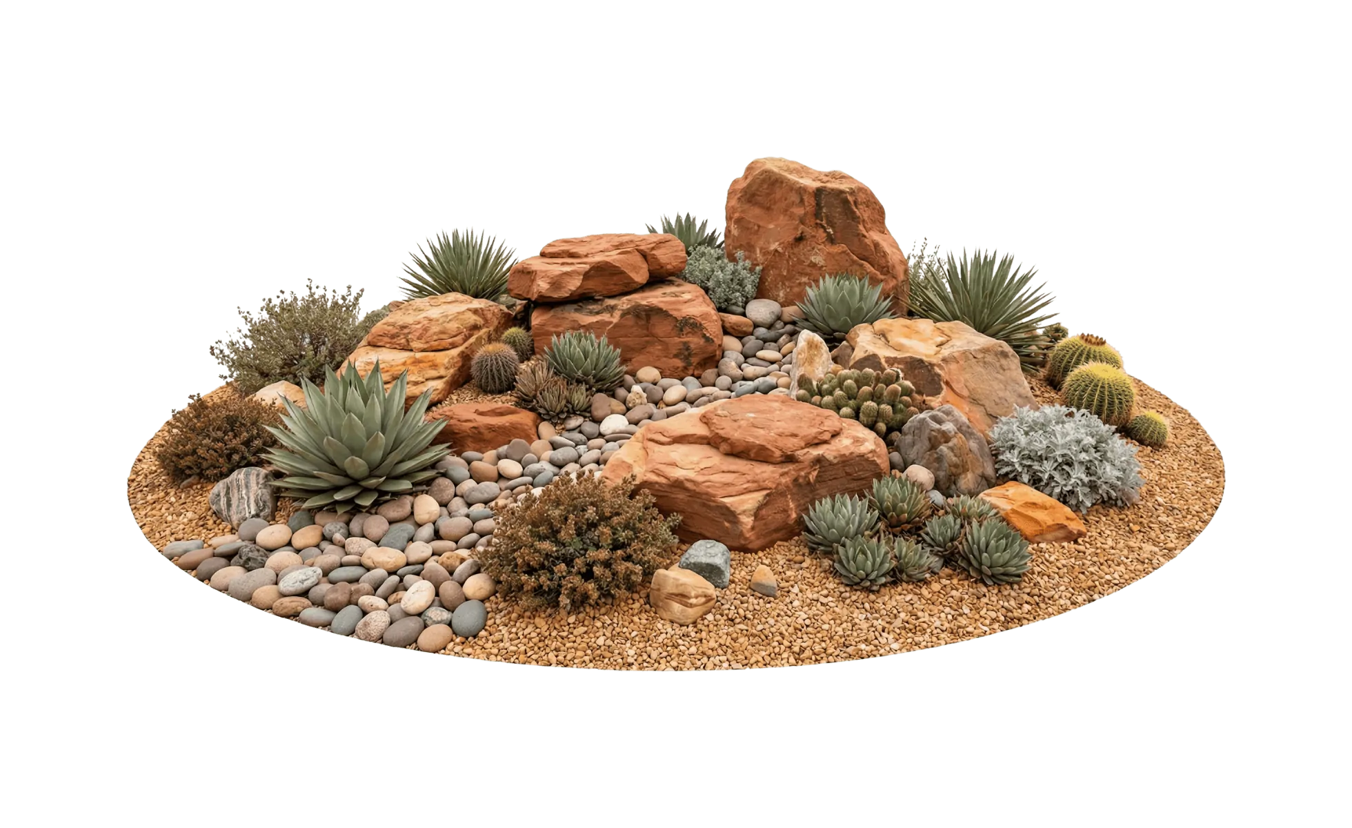 Xeriscape rock garden with agave, cacti and succulents among red boulders and pebbles for drought-tolerant landscaping