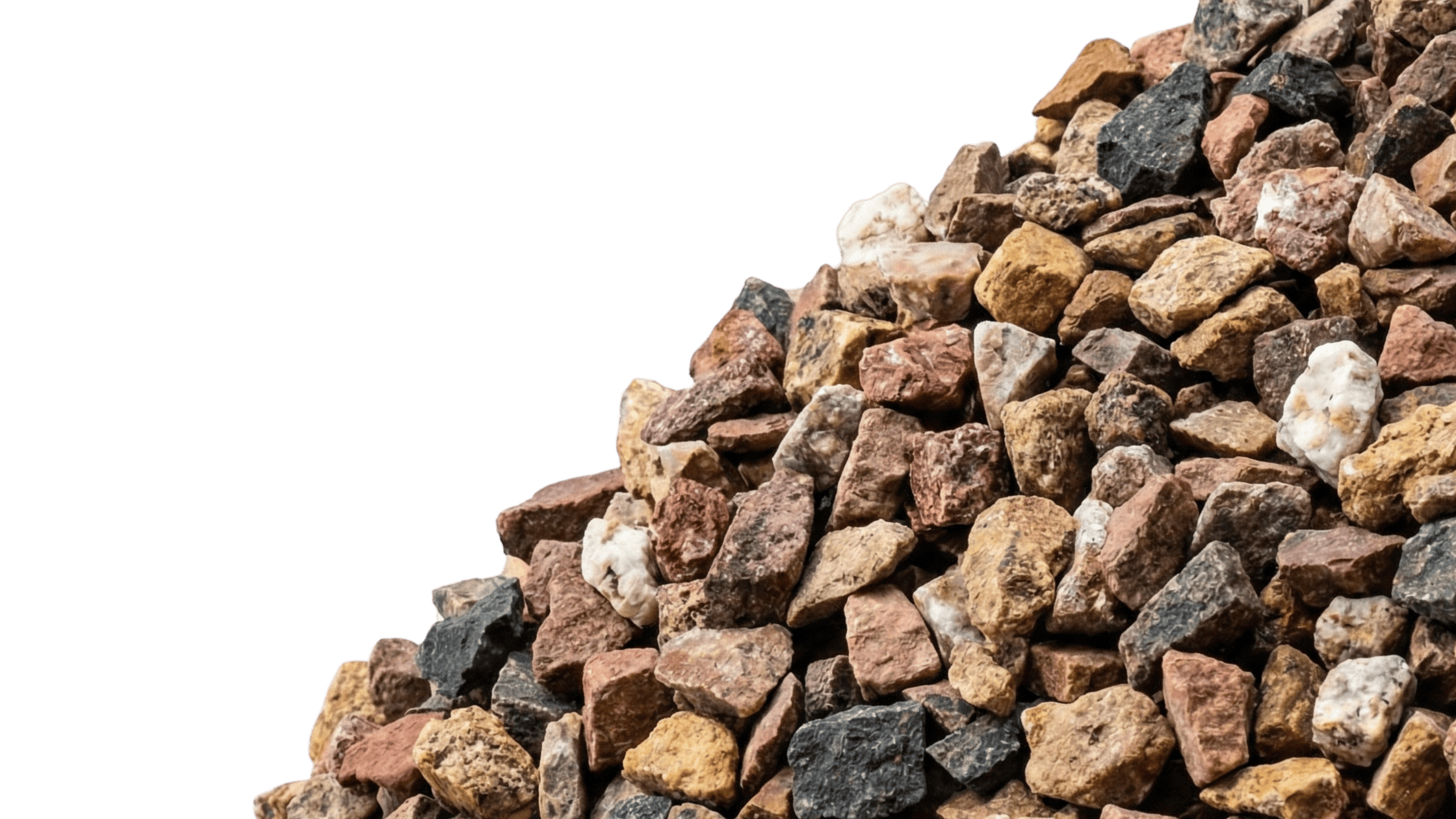 Pile of mixed-color crushed stone gravel aggregate for landscaping and construction projects