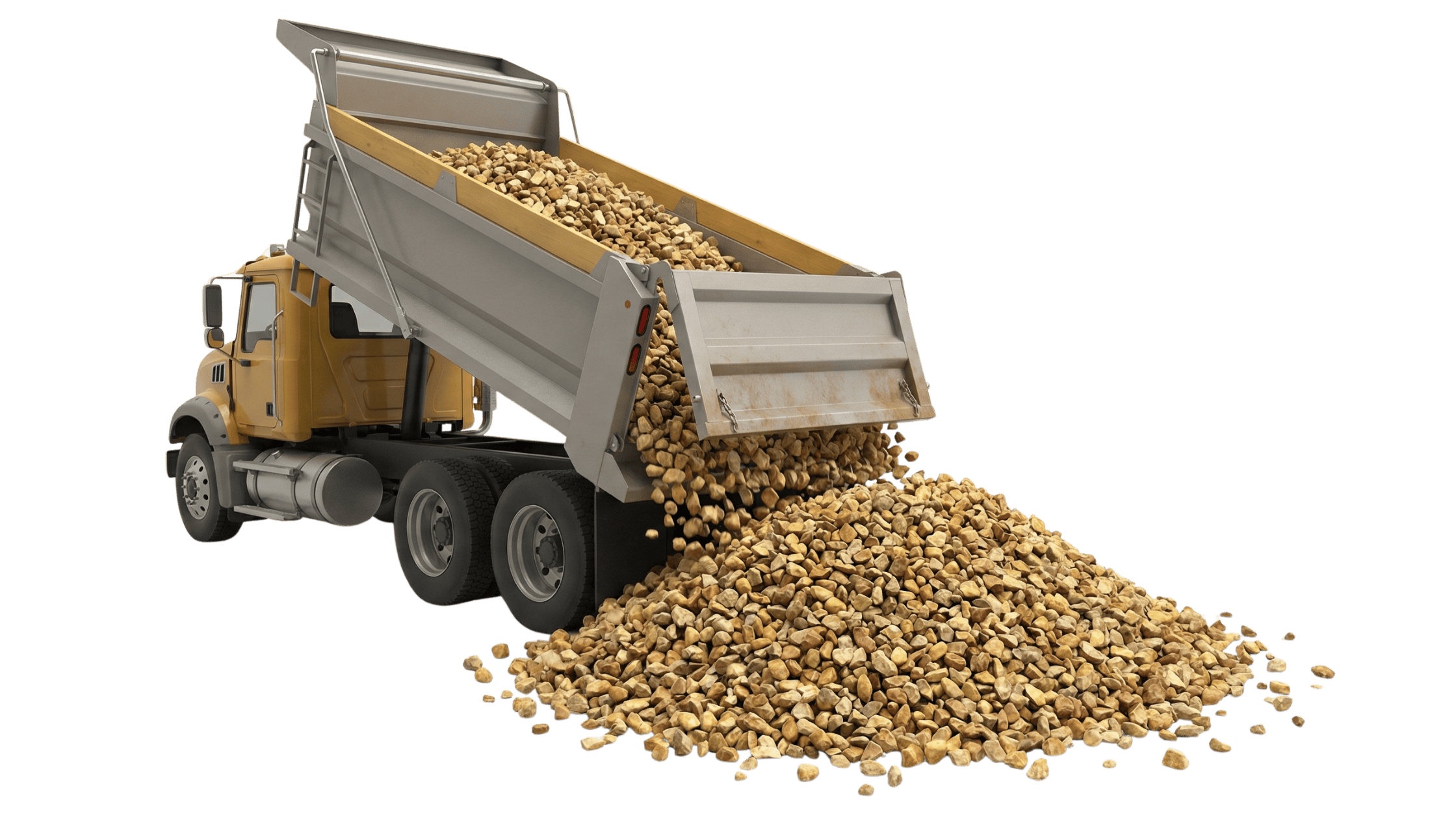 Yellow dump truck tipping bed to unload gravel for construction and landscaping projects.
