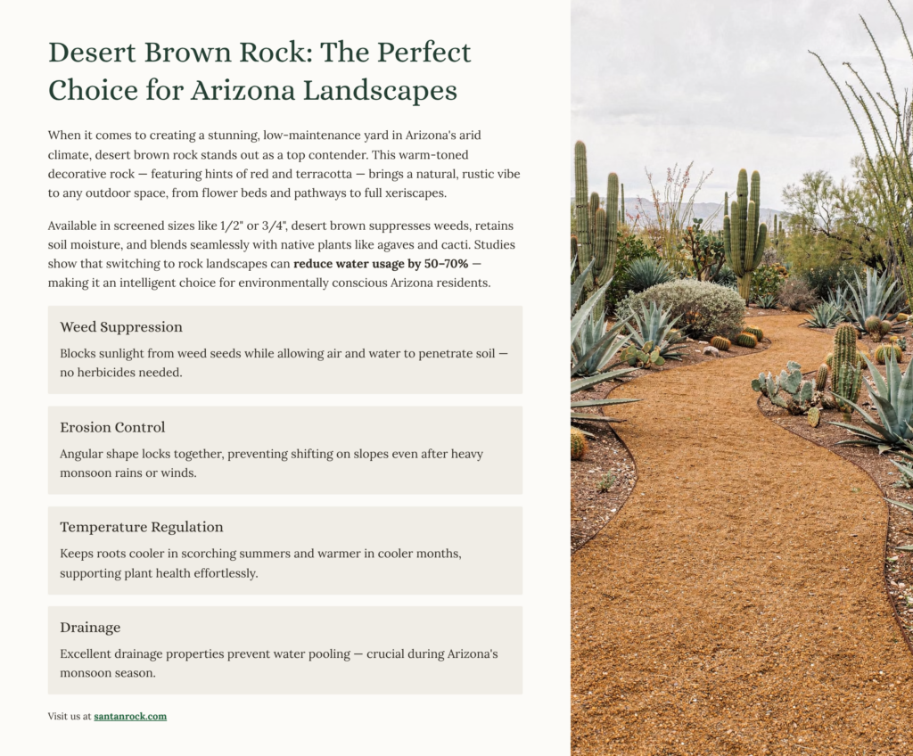 Desert brown rock pathway in Arizona xeriscape with cacti and agave for water-saving landscaping.