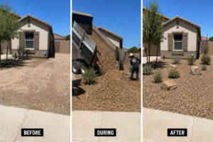 Front yard xeriscape makeover: before, during rock delivery, and after—desert landscaping with gravel, plants, and boulders.
