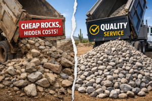 Dump trucks unloading landscaping rocks: cheap rubble vs quality service, clean river rock delivery comparison.