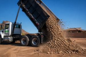 Dump truck tipping load of gravel and dirt at residential construction site, landscaping project in desert climate