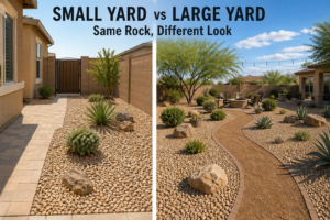 Small vs large backyard desert landscaping using the same river rock—xeriscape ideas with pavers, agave, curved path, fire pit.
