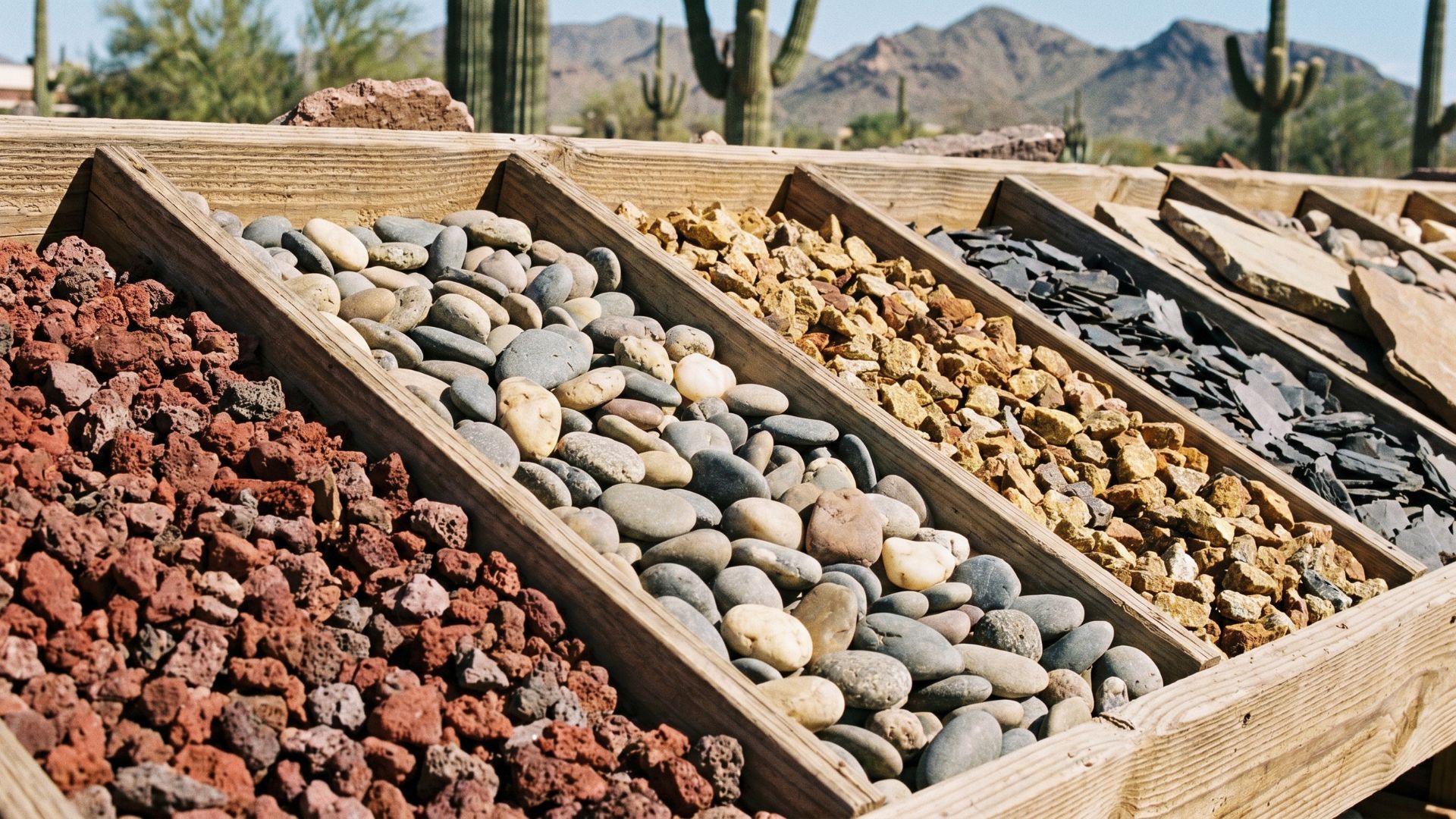 Assorted landscaping rocks - lava rock, river pebbles, gravel and slate in wooden bins at a desert landscape supply yard