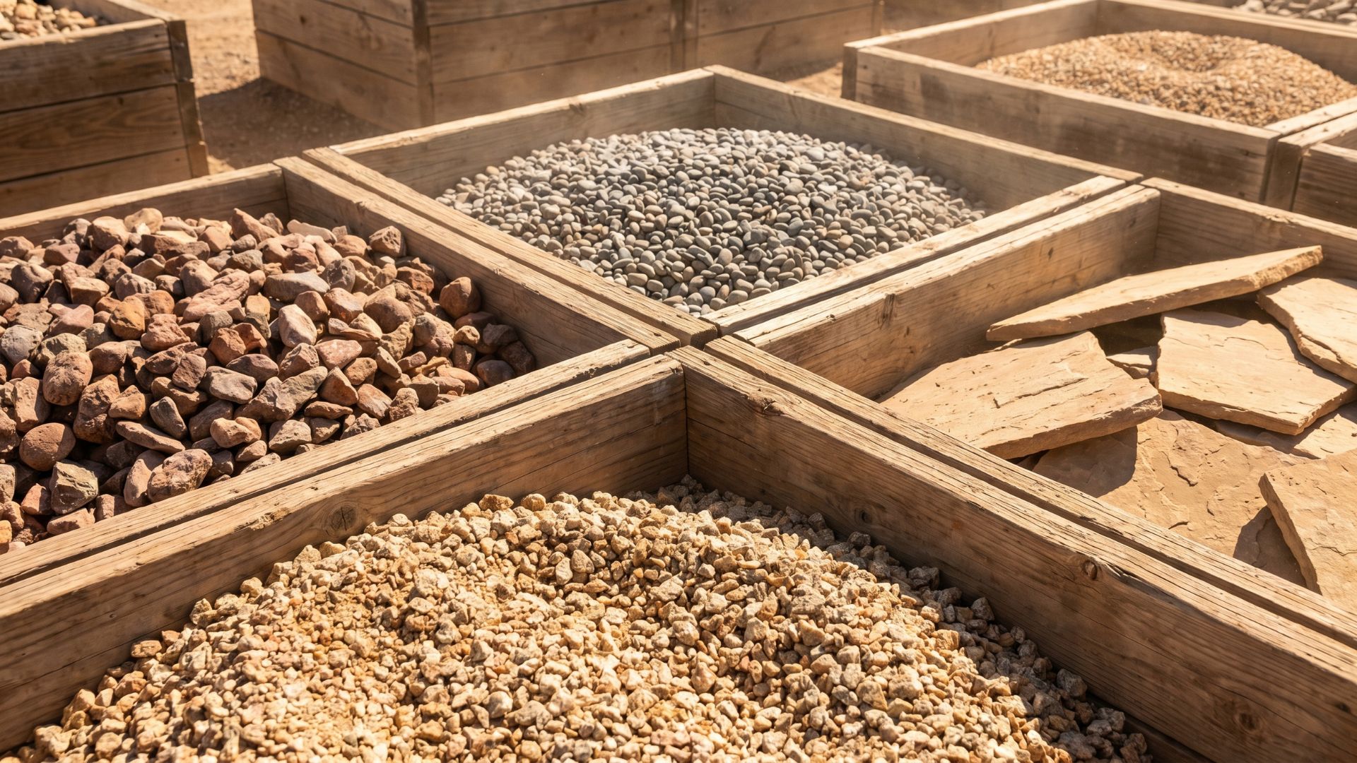 Landscaping rock selection in wooden bins—gravel, river pebbles, crushed stone, and flagstone at outdoor materials yard.